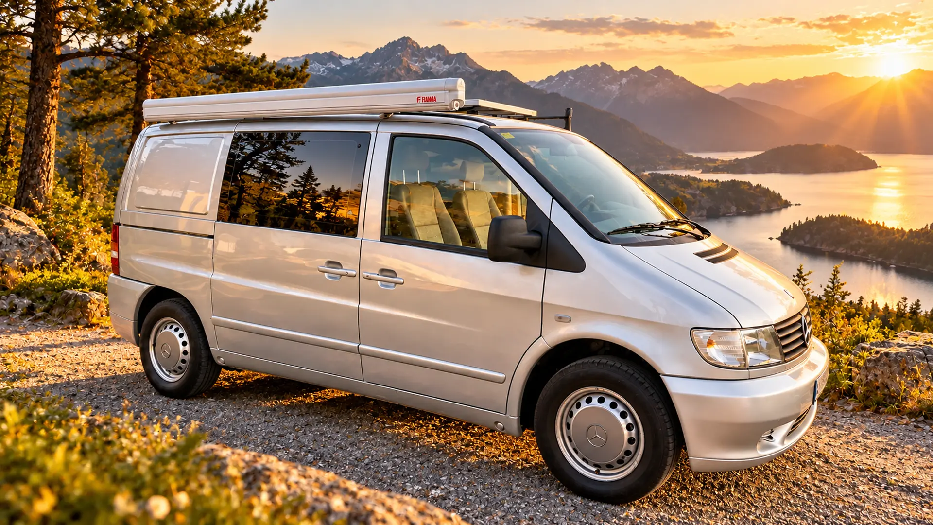 Mercedes Vito camper plateada junto a una cascada en un paisaje de montaña