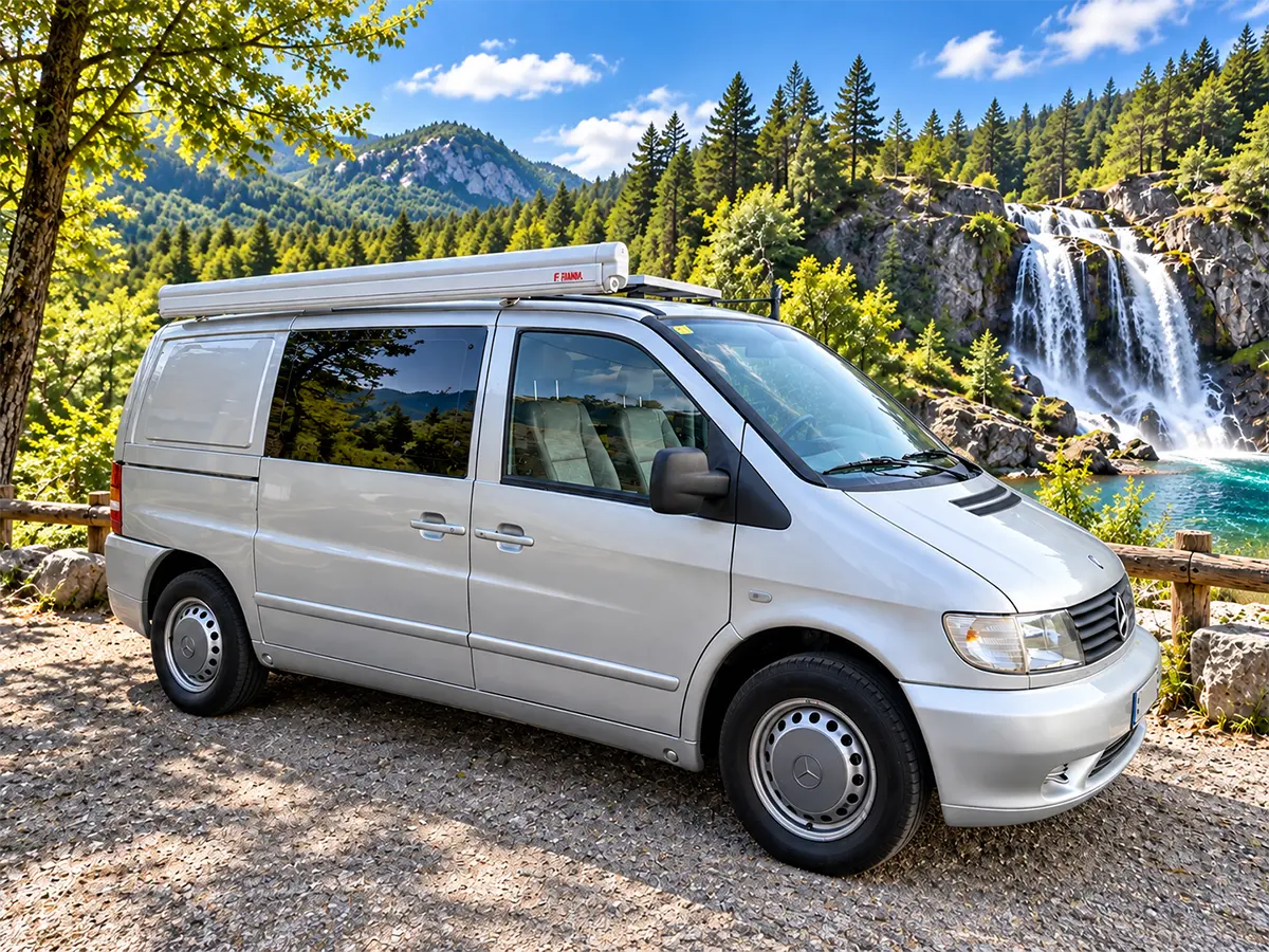 Interior de la Mercedes Vito camper con mobiliario de madera, zona de descanso y equipamiento