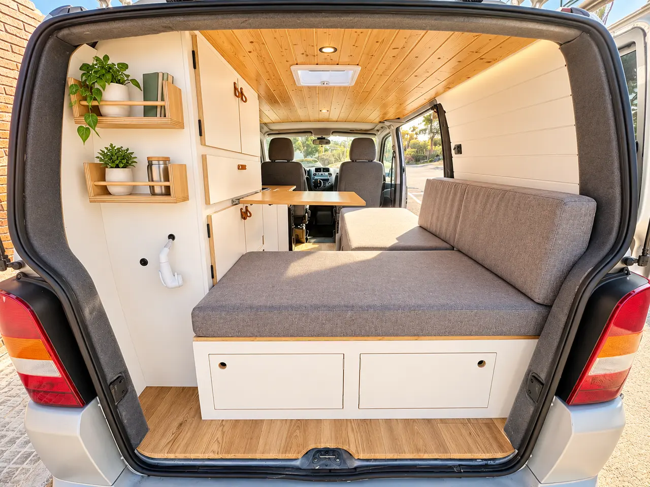 Módulo de cocina camper con fregadero, nevera y armarios de almacenamiento