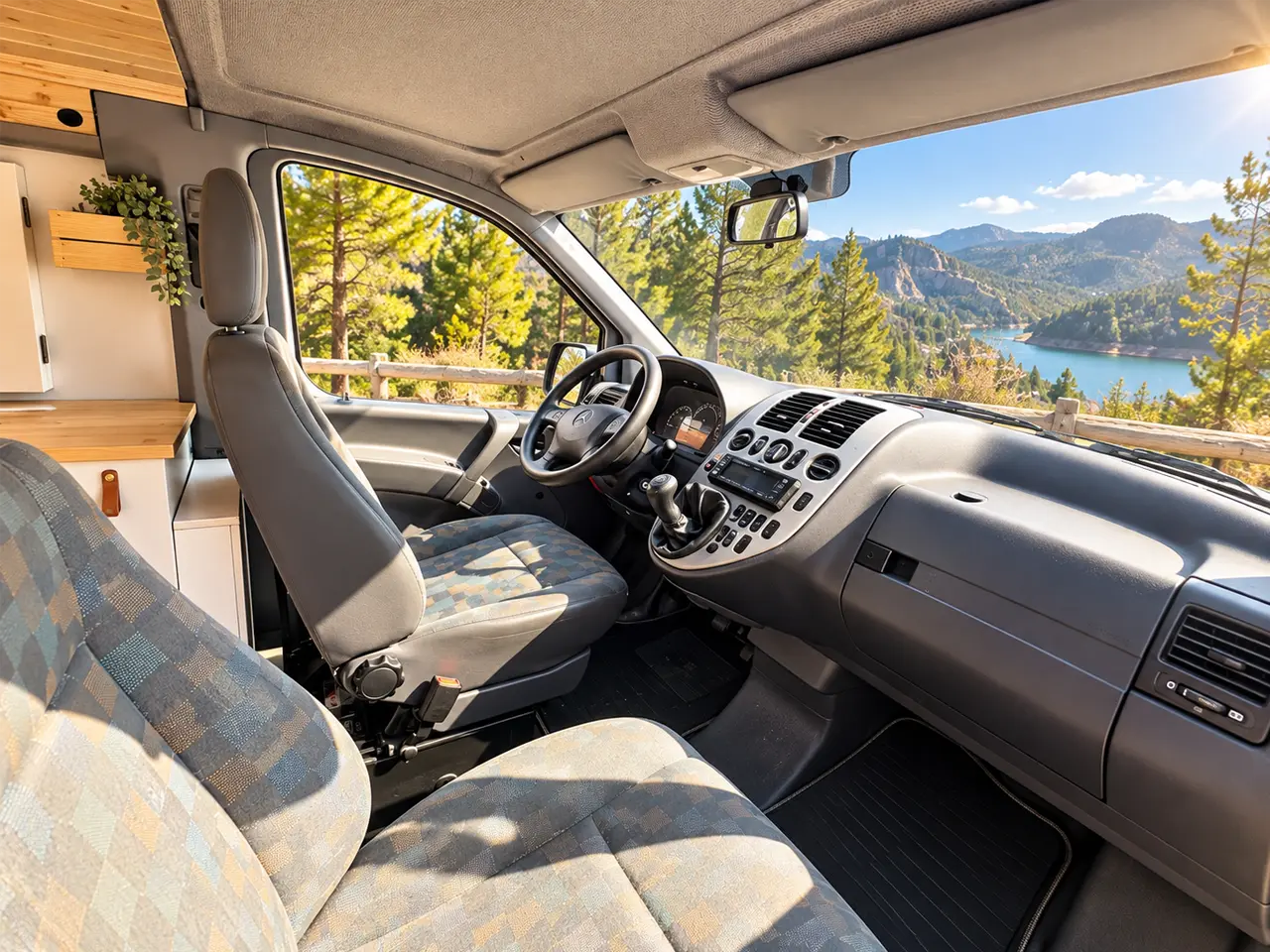 Interior de la Mercedes Vito camper con mobiliario y espacios de almacenamiento