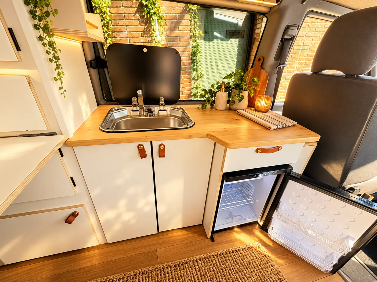 Cabina de conducción de la Mercedes Vito camper con salpicadero y asientos delanteros